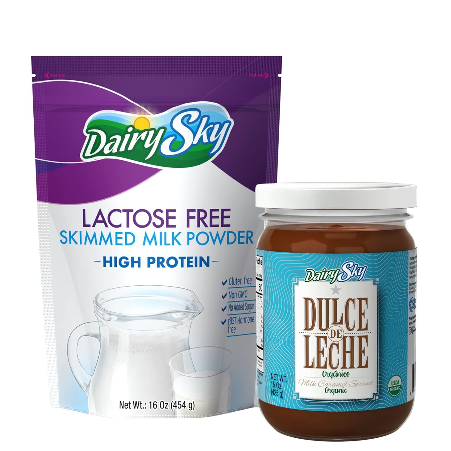 251102231413046_1 DairySky Lactose Free Milk Powder (16oz) & Organic Dulce de Leche 15oz | Lactose Free Nonfat Milk Kosher with Protein & Calcium | Caramel Sauce for Coffee, Ice Cream Toppings, Caramel Chocolate Spread - Image 1